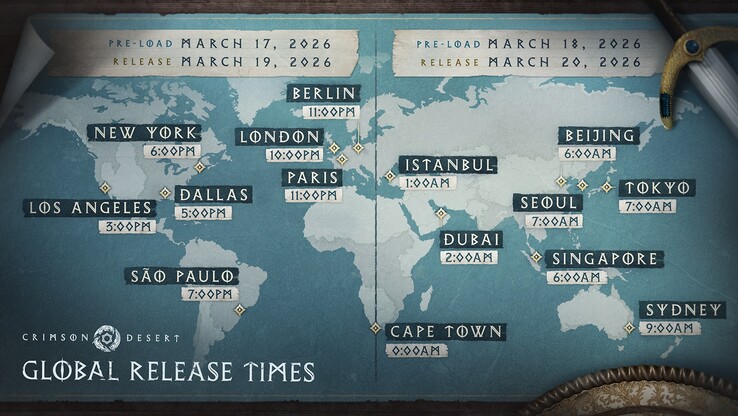Crimson Desert global pre-load and launch times, as shared by Pearl Abyss ahead of release.