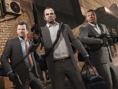 Grand Theft Auto V main characters Michael, Trevor, and Franklin in a heist mission with weapons and bags. (Image source: Rockstar Games)