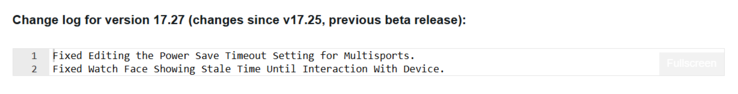 The release notes for beta version 17.27 for the Garmin Fenix 8 and related smartwatches. (Image source: Garmin)