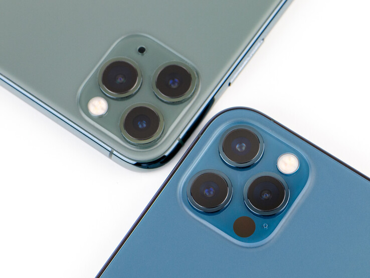 iPhone 11 Pro (green) and iPhone 12 Pro (blue) cameras