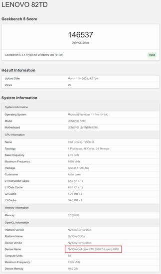 GeForce RTX 3080 Ti Laptop. (Image source: Geekbench)