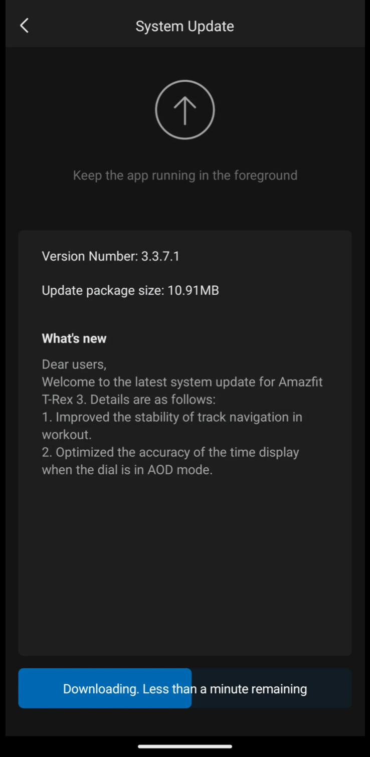 The change log for the Amazfit T-Rex 3 software version 3.3.7.1. (Image source: Amazfit)