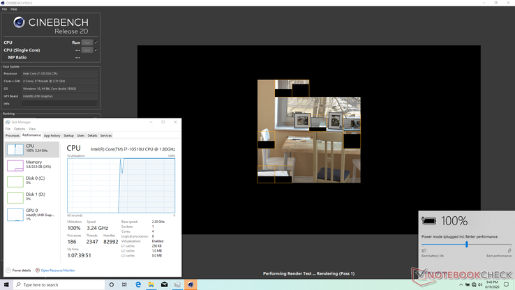 Running CineBench R20 Multi-Thread on Balanced mode. Task Manager shows the CPU running at 3.24 GHz at 100% utilization