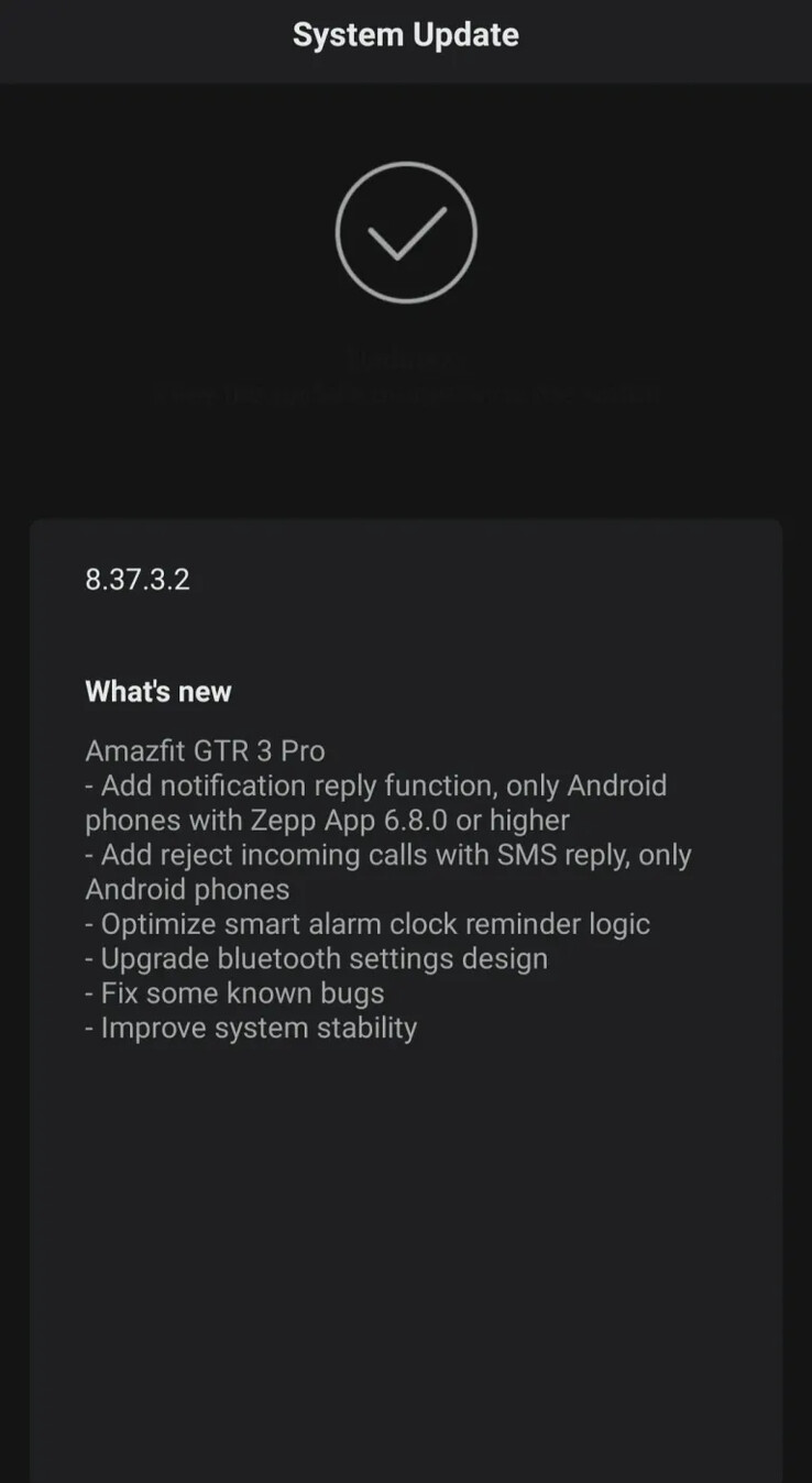 The GTR 3 Pro's latest update screen. (Source: Amazfit via TizenHelp)