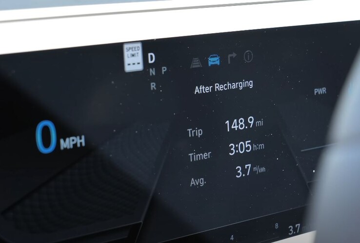 By the end of the journey, the Ioniq 5 was down to 46% and indicated an efficiency of 3.7 miles/kWh. (Image source: TFLEV via YouTube)