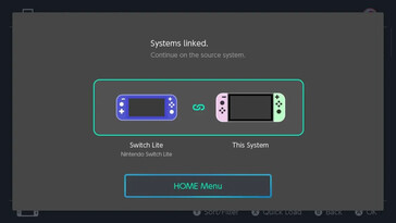Step 3 of linking Nintendo Switch consoles for Virtual Game Card sharing: The 'Systems linked' confirmation screen appears, indicating that the linking process is complete. The user is instructed to continue on the source system by pressing the HOME Menu button.