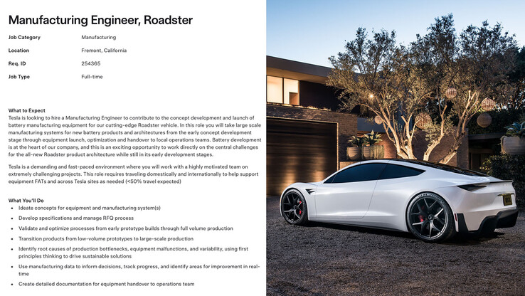 The Tesla Roadster 2 battery manufacturing job posting. (Image source: Sawyer Merritt/X)