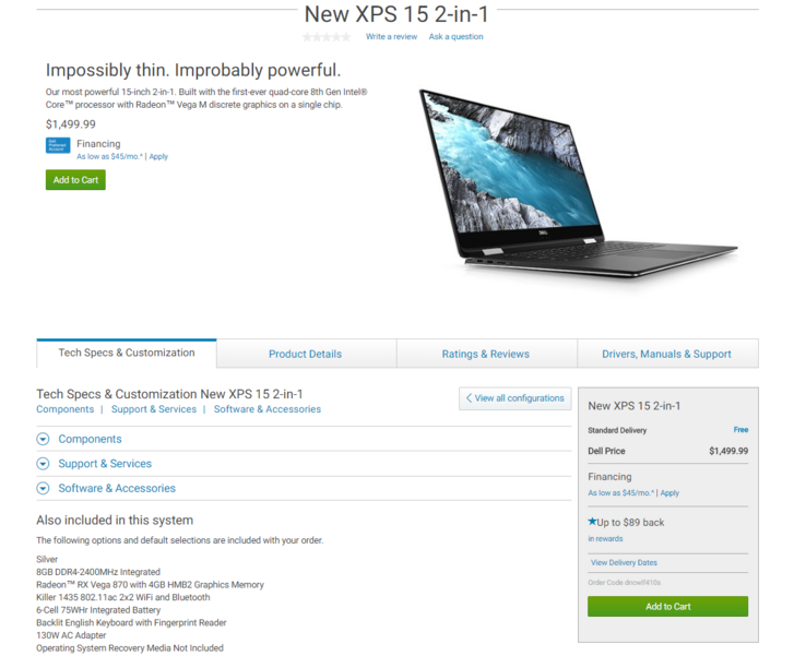 Screenshot of the XPS 15 2-in-1 order page. (Source: Dell)