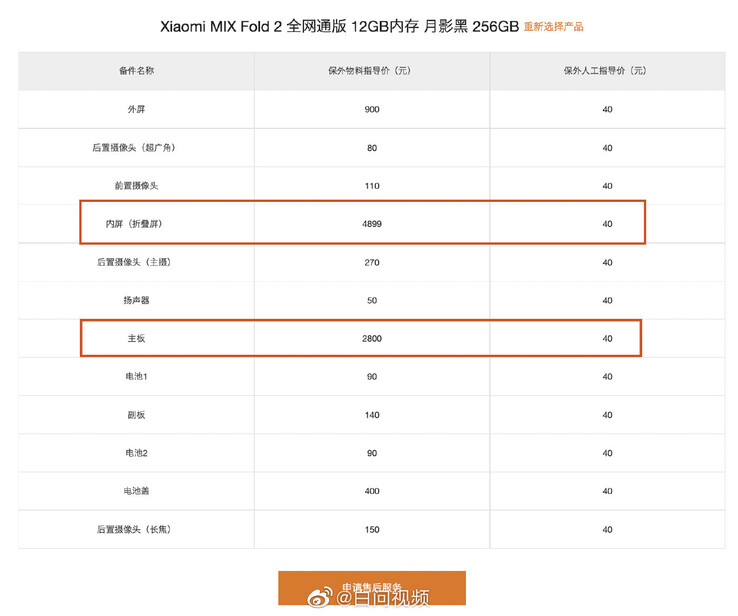 Xiaomi's official list of service charges for the Mix Fold 2. (Source: Xiaomi via Weibo)