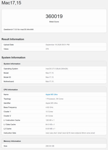 Apple M5 Ultra Geekbench 7 GPU score