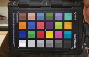 ColorChecker colors photographed. The original colors are shown in the lower half of each patch. The color deviations of the webcam are approximately DeltaE2000 9.1