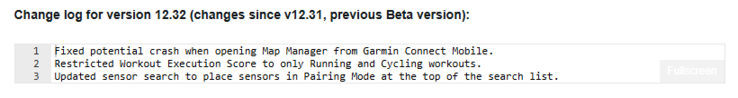 The beta version 12.32 change log for the Garmin Fenix 8 and related smartwatches. (Image source: Garmin)