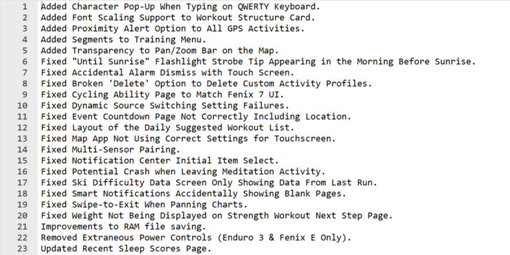 The change log for Garmin Beta Version 13.18 for the Fenix 8 and related smartwatches. (Image source: Garmin)