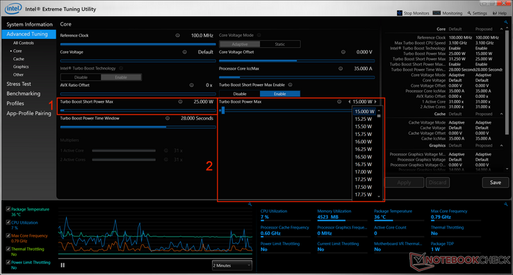 Intel XTU Advanced Tuning - Core: Showing TDP modification options. Turbo boost short power max (1) is for burst operation, while turbo boost power max (2) is for sustained turbo operation