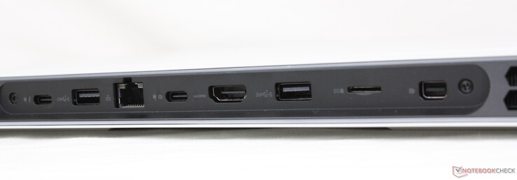 Rear: USB-C w/ Thunderbolt 4 + Power Delivery + DisplayPort, USB-A 3.2 Gen. 1, RJ-45 2.5 Gbps, USB-C 3.2 Gen. 2 w/ Power Delivery + DisplayPort, HDMI 2.1, MicroSD reader, mini DisplayPort 1.4