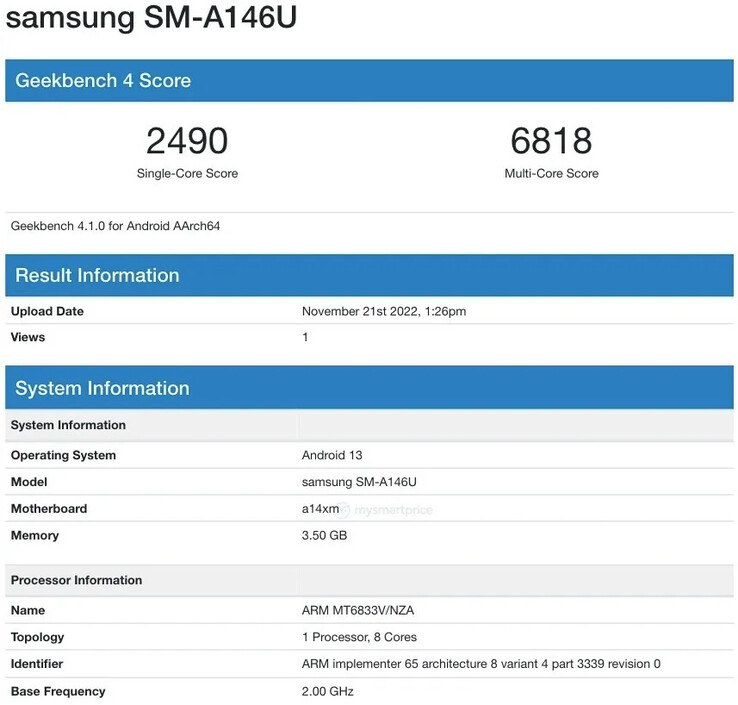 A second, possibly US-bound, variant of the Galaxy A14 5G allegedly appears. (Source: Geekbench)