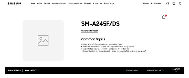 The "Galaxy A24" is spotted as a new Samsung Support database entry. (Source: Samsung IN via SamMobile)