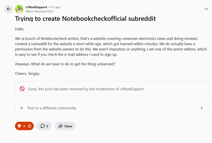 Screenshot of a Reddit page. This particular thread was deleted within a minute. (Image source: Notebookcheck)