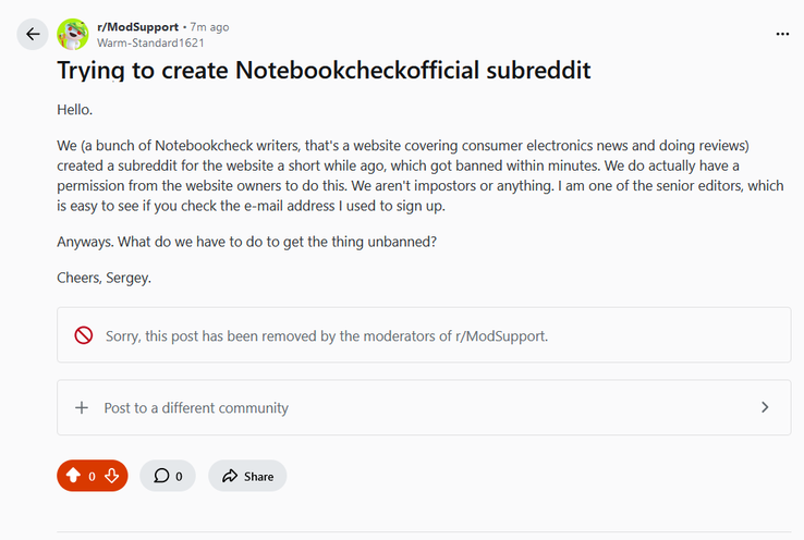 Screenshot of a Reddit page. This particular thread was deleted within a minute. (Image source: Notebookcheck)