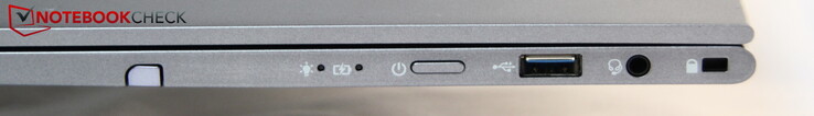 Right: input pen, power button, USB-A, audio, Kensington lock