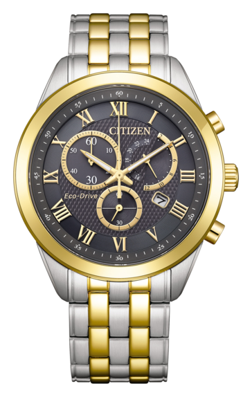 Citizen AT2604-56H Eco-Drive chronograph featuring a charcoal grey textured dial, gold-tone bezel and hands, and a two-tone stainless steel bracelet.