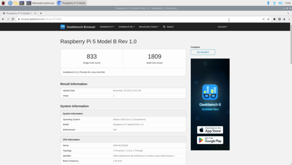 With a Geekbench 6 single score of 833, the Raspberry Pi 5 is no slouch (Source: Notebookcheck)