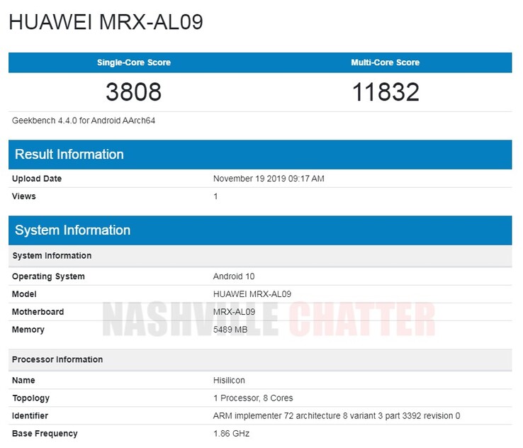 The first MRX-AL09 entry on Geekbench 4. (Source: NashvilleChatter)