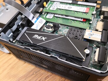 ADATA SSD with its included heat spreader installed on the Intel NUC
