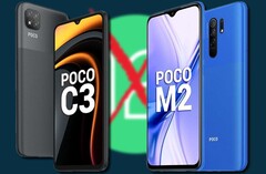 Both the POCO C3 and POCO M2 have been moved to the &quot;won&#039;t get Android 12&quot; column. (Image source: POCO/Google - edited)