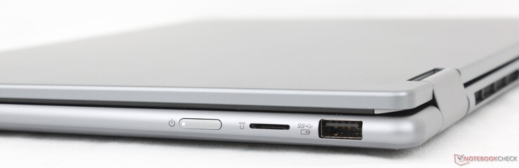 Right: Power button, MicroSD reader, USB-A (5 Gbps)