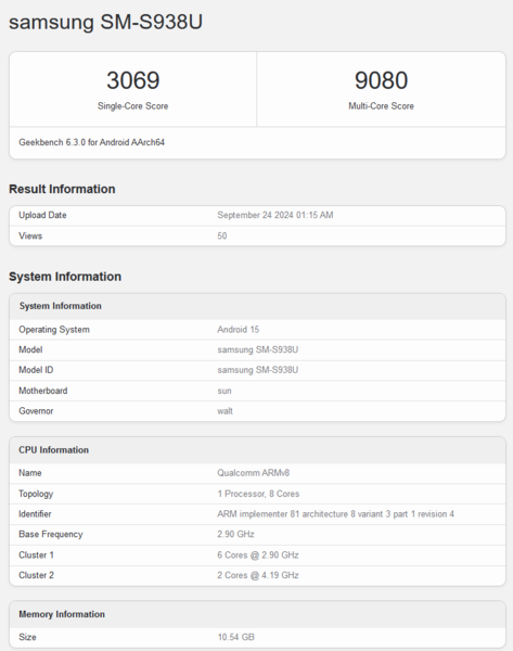 Qualcomm Snapdragon 8 Gen 4 for Galaxy (image source: Geekbench)