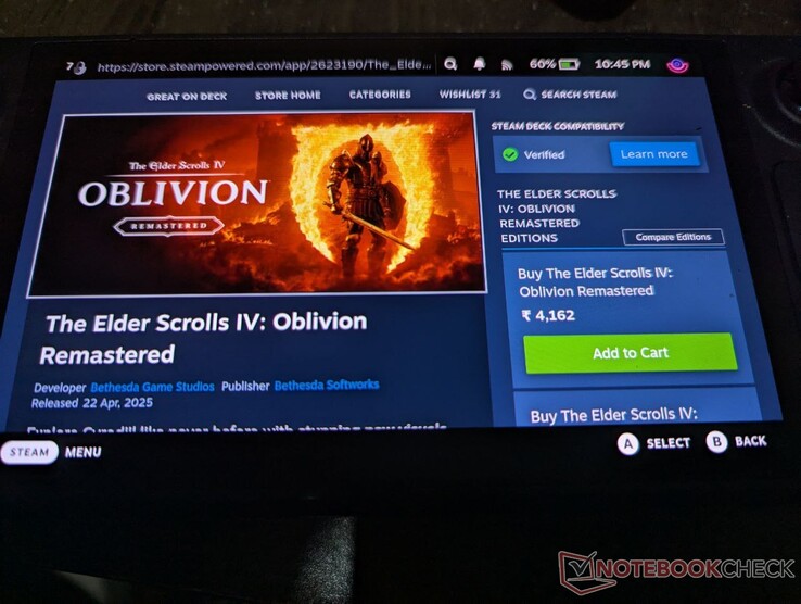 The Oblivion remake on the Steam Deck (image source: Anil Ganti, Notebookcheck)