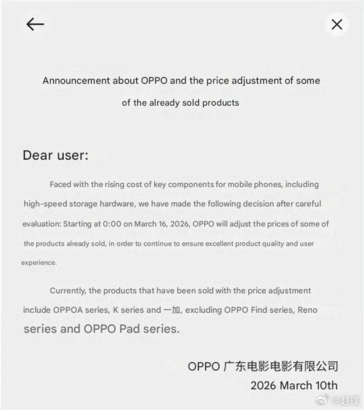 Oppo announces price hike for multiple smartphones in China.