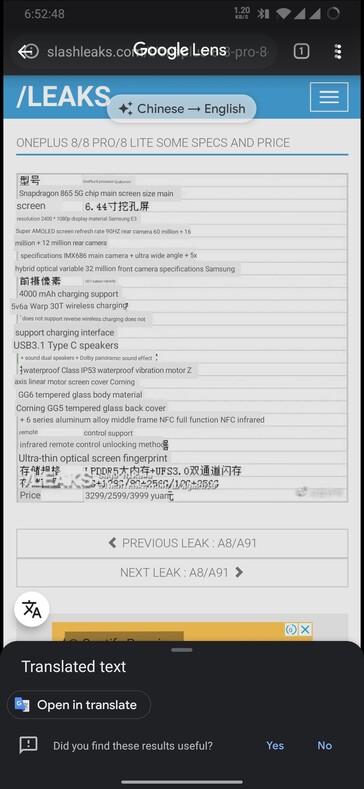 The new "OnePlus 8" leak and a translation for it. (Source: SlashLeaks, OnePlus Community)