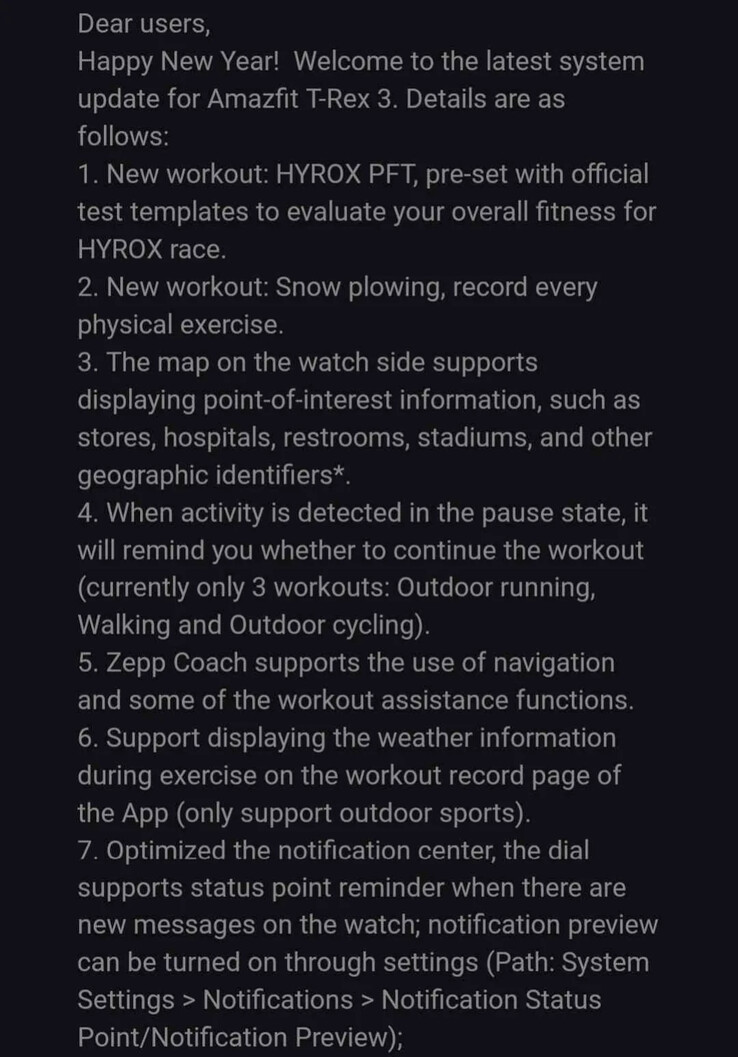 The release notes for Amazfit software version 3.4.4.7 for the T-Rex 3 smartwatch. (Image source: u/Ech0ke via Reddit)