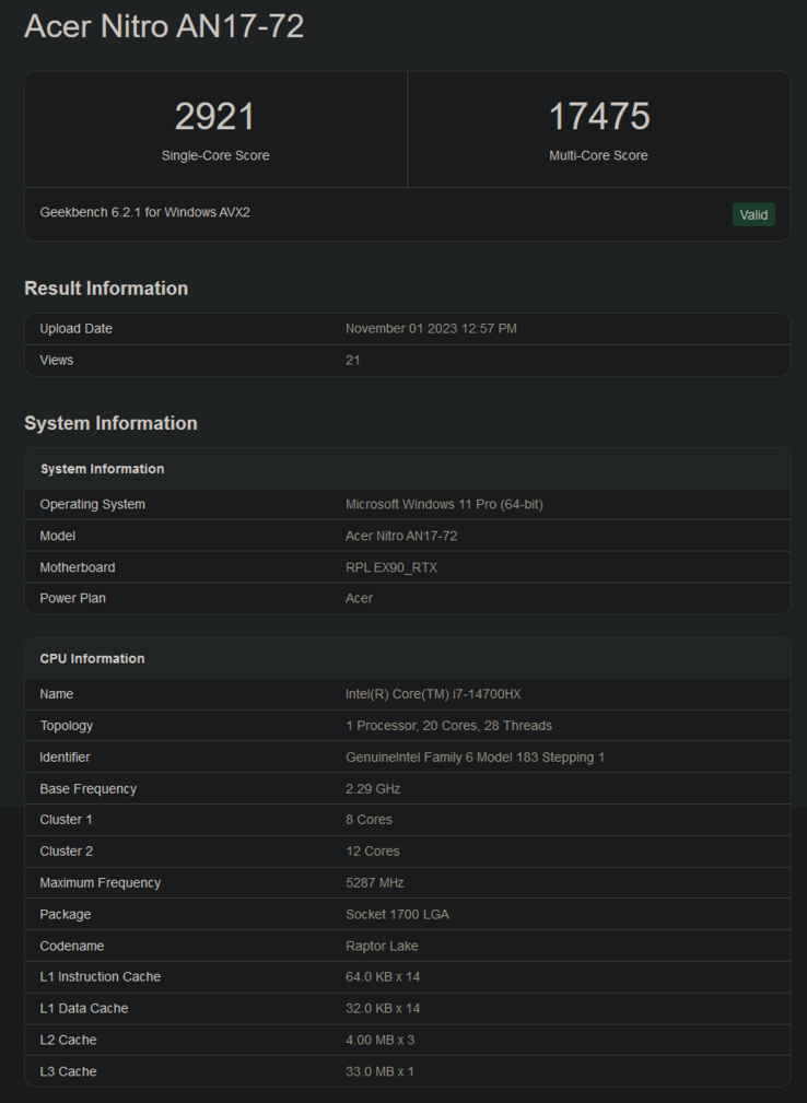 Intel Core i7-14700HX Geekbench listing (image via Geekbench)