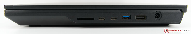 Right-hand side: SD card slot, 2 x Thunderbolt 3 ports, USB 3.0 Type-A, DisplayPort, Charging port