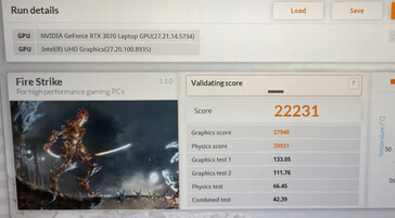 The scores achieved by the MSI GE66 Raider in 3DMark Fire Strike. (Image source: GenTechPC)