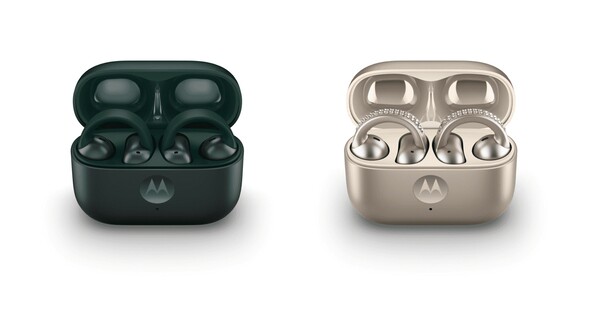 The Moto Buds Loop also comes in Pantone Trekking Green (L) which is much cheaper than the Swarovski edition. (Image source: Motorola)
