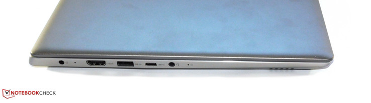 Left: power connection, HDMI, USB Type-A 3.0, USB Type C 3.1 Gen1, combo audio