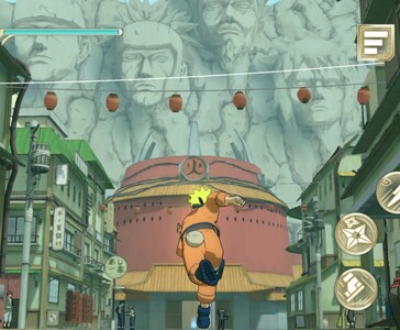 Naruto running through the Hidden Leaf Village in Naruto: Ultimate Ninja Storm+, with the Hokage Rock visible in the background. (Image source: Bandai Namco Entertainment)