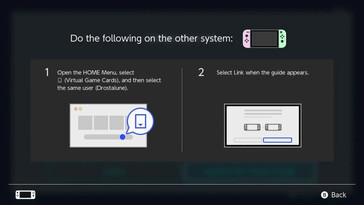 Step 1 of linking Nintendo Switch consoles for Virtual Game Card sharing: The screen instructs the user to open the HOME Menu, select the Virtual Game Cards icon, and then select their user profile on the other Nintendo Switch system they wish to link.