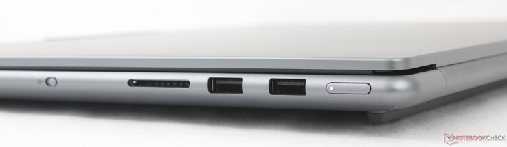 Right: E-shutter, SD card reader, 2x USB-A (5 Gbps), Power button