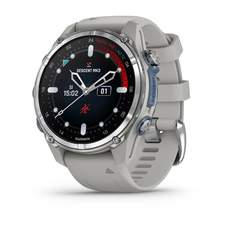 The Descent Mk3 – 43 mm Stainless Steel with Fog Gray Silicone Band. (Image source: Garmin)