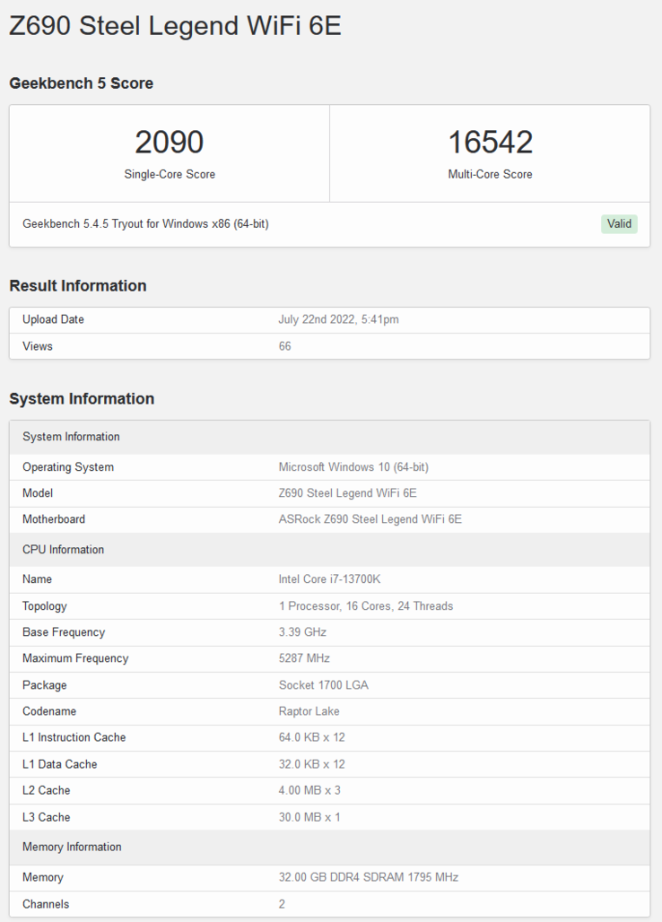 Intel Core i7-13700K Geekbench listing (image via Geekbench)