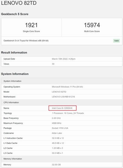 Intel Core i9-12900HX. (Image source: Geekbench)