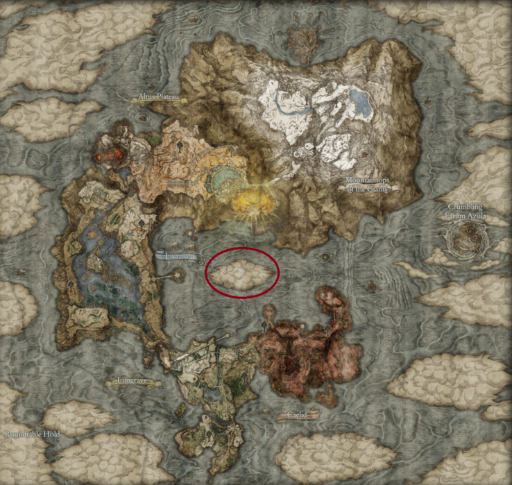 Potential Shadow of the Erdtree location in The Lands Between (image via Map Genie, edited)
