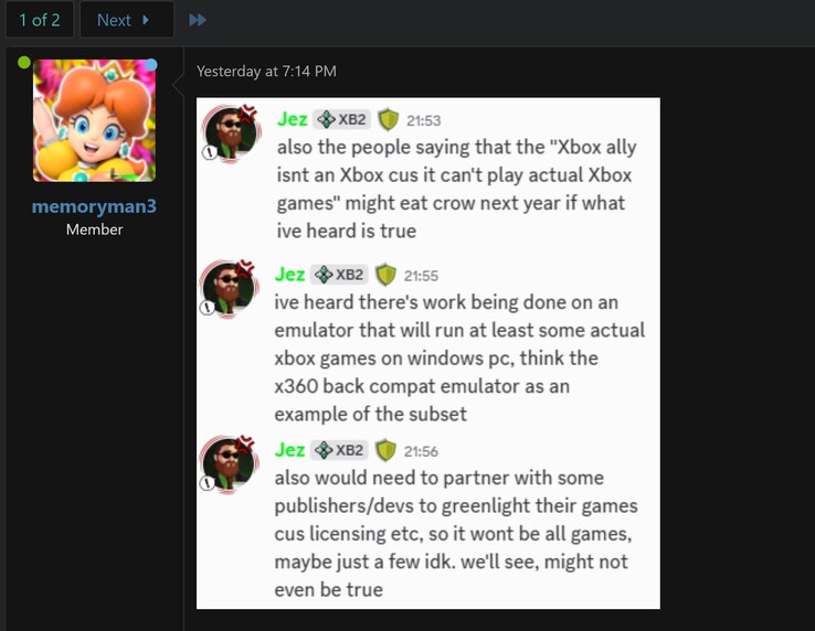Jez Corden comments on official Xbox 360 emulator (screenshot, memoryman3@NeoGAF forums)