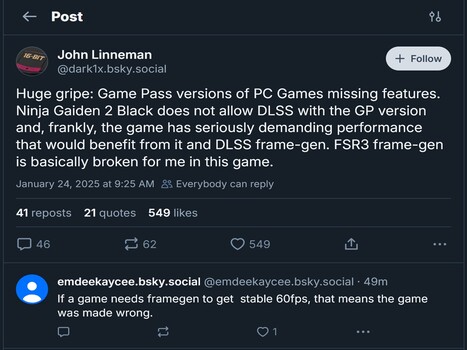 John Linneman Ninja Gaiden 2 Black DLSS Bluesky post (Image source: Bluesky)