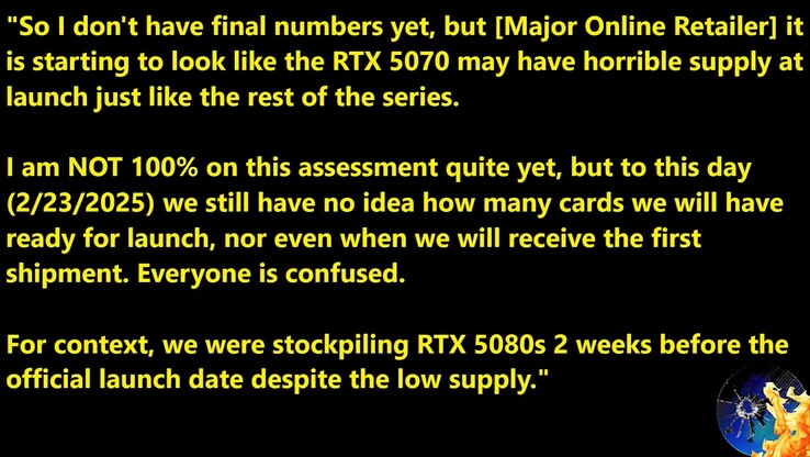 RTX 5070 launch stock information. (Image source: Moore's Law Is Dead)